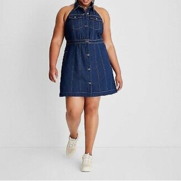 FUTURE COLLECTIVE Women's Backless Collared Blue Denim Mini Dress Size 14 - Picture 1 of 11